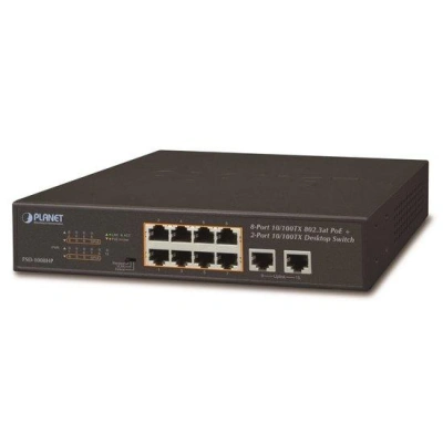 Planet FSD-1008HP PoE switch 10x 100Mb, 8xPoE 802.3at 30W/120W, VLAN, extend mód 10Mb/s do 250m, fanless, FSD-1008HP