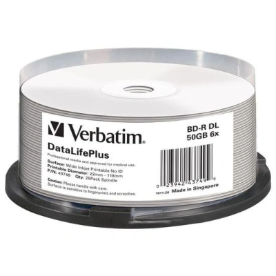 VERBATIM BD-R Blu-Ray DL DataLifePlus 50GB/ 6x/ printable/ 25pack/ spindle, 43749