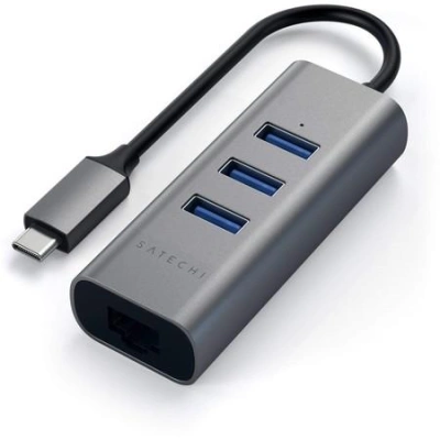 Satechi USB-C 3 USB 3.0 Port Hub & Ethernet Port - Space Gray Aluminium, ST-TC2N1USB31AM