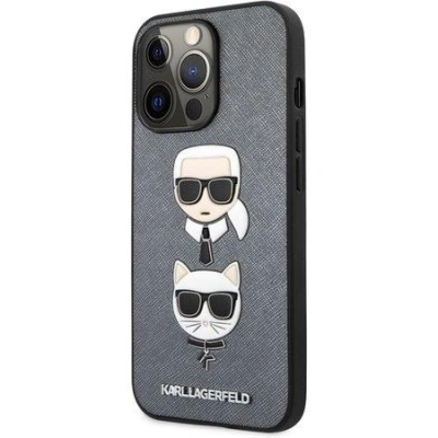KLHCP13LSAKICKCSL Karl Lagerfeld PU Saffiano Karl and Choupette Heads Kryt pro iPhone 13 Pro Silver