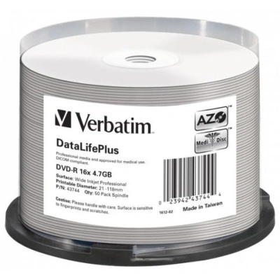 VERBATIM DVD-R DataLifePlus 4.7GB, 16x, printable, spindle 50 ks, 43744