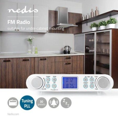 NEDIS kuchyňské rádio/ FM/ síťové napájení/ digitální/ 1,5 W/ budík/ výstup pro sluchátka/ bílo-stříbrné