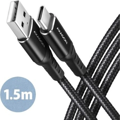 AXAGON datový a nabíjecí kabel USB-A na USB-C / USB2.0 / 3A / opletený / 1,5m / černý
