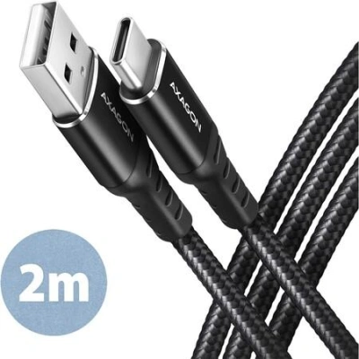 AXAGON datový a nabíjecí kabel USB-A na USB-C / USB2.0 / 3A / opletený / 2m / černý
