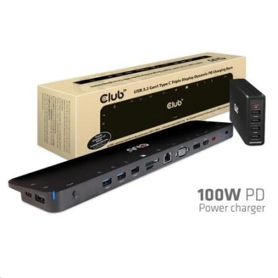 Club3D dokovací stanice USB-C 3.2 s napájecím adaptérem Triple Dynamic PD, 100 W, CSV-1564W100