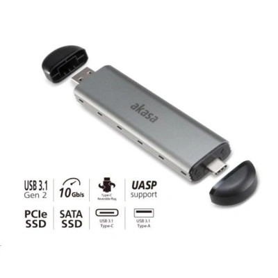 AKASA externí box pro M.2 SATA/NVMe SSD to USB 3.1 Gen 2, 10Gb/s, hliníkový, AK-ENU3M2-04