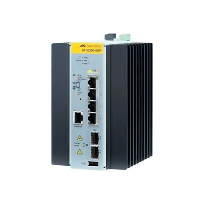 Allied Telesis AT IE200-6GP - Přepínač - řízený - 4 x 10/100/1000 (PoE+) + 2 x gigabitů SFP - lze montovat na konzolu DIN, pro připevnění na zeď - PoE+ - DC power, AT-IE200-6GP-80