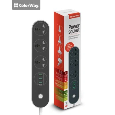 ColorWay Power Socket 3 zásuvky/3USB, čierna, 1,8m