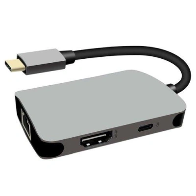 PremiumCord USB-C na HDMI + RJ45 + PD adaptér, hliníkové pouzdro, ku31dock18