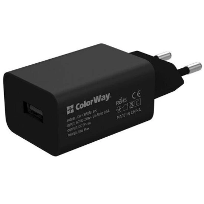 COLORWAY 1x USB/ síťová nabíječka/ 10W/ 100V-240V/ Černá + kabel USB-C 1m