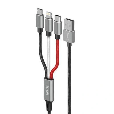 Kabel 3 v 1 USB na Lightning / USB-C / Micro USB Budi 2,4 A, 1 m, opletený (černý)
