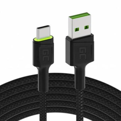 Kabel USB - USB-C Green Cell GC Ray, 200 cm, zelená LED, s Ultra Charge, QC 3.0