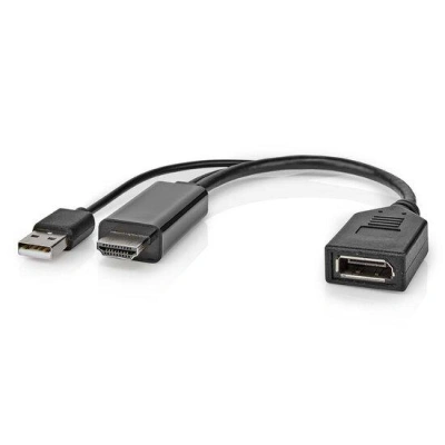 NEDIS adaptérový kabel DisplayPort - HDMI/ zástrčka DisplayPort - zásuvka HDMI/ USB napájení/ 20cm/ černý, CCGP34300BK02