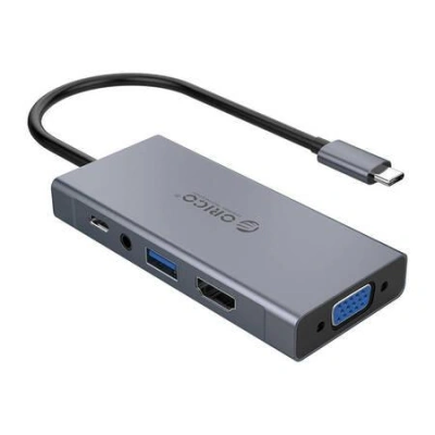 Adaptér Rozbočovač Orico 5 v 1, HDMI 4K + USB 3.0 + VGA + AUX + USB-C PD 60W, 