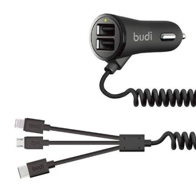 Nabíječka do auta 2x USB Budi 068T3, 3,4A + kabel 3v1 USB do USB-C / Lightning / Micro USB (černá)