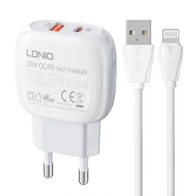 Nástěnná nabíječka LDNIO A2313C USB, USB-C 20W + kabel USB na Lightning