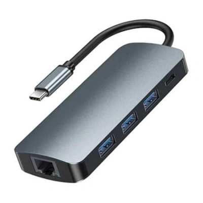 Rozbočovač USB-C 9v1 Remax Retor Series 3x USB 3.0, USB-C, RJ45, HDMI, 3,5 mm, SD/TF (šedý), 