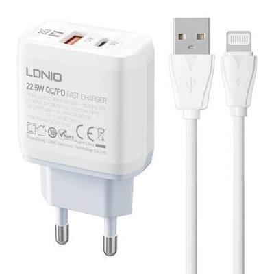 Nástěnná nabíječka LDNIO A2421C USB, USB-C 22,5 W + kabel Lightning