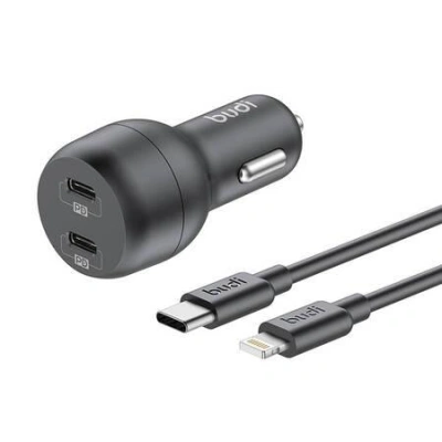 Nabíječka do auta Budi, 2x USB-C, 40W, PD + kabel USB-C na Lightning (černá)