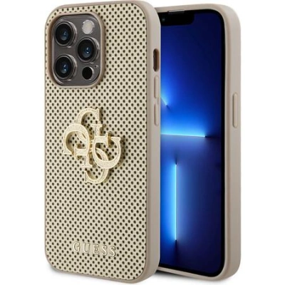 Guess PU Perforated 4G Glitter Metal Logo Zadní Kryt pro iPhone 15 Pro Max Gold