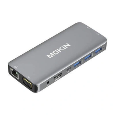 MOKiN 10 in 1 Adapter Hub USB-C to 3x USB 3.0 + USB-C charging + HDMI + 3.5mm audio + VGA + 2x RJ45 + Micro SD Reader (silver), 