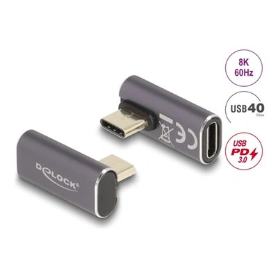 Delock - USB adaptér - 24 pin USB-C (M) levoúhlé do 24 pin USB-C (F) - USB 3.2 Gen 2 / DisplayPort 1.4 /Thunderbolt 3 - 20 V - 5 A - podpora 8K60Hz, podpora Power Delivery 3.0, Fast Charging up to 100W, rychlost přenosu dat a? 40 Gbps - antracit