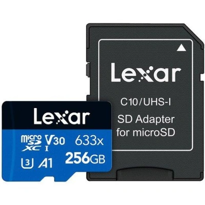 Lexar paměťová karta 256GB High-Performance 633x microSDXC UHS-I (čtení/zápis: 100/45MB/s) C10 A1 V30 U3 + adaptér