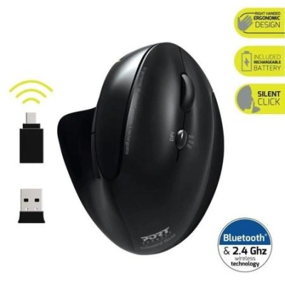 PORT vertikální bezdrátová ergonomická myš, BT, 2,4 GHz, USB-A/C, pro praváky, černá, 900706-BT
