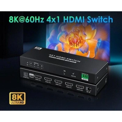 PremiumCord HDMI switch 4:1 s podporou rozlišení 8K@60Hz,4K@120Hz, 1080P, HDR, s ovládáním tlačítkem a dálkovým ovladače, khswit41h