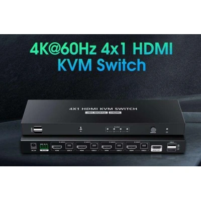 PremiumCord 4K@60Hz HDMI2.0 KVM switch 4:1 s dálkovým ovladačem, khswit41e