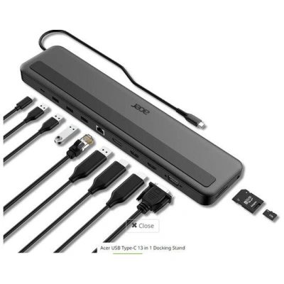 Acer 13in1 Type C Minidock: 3x USB3.0 (5Gbps Data Transfer), 1x USB-C (5Gbps Data transfer), 1x USB-C Power Delivery (up to 100W), HP.DSCAB.015