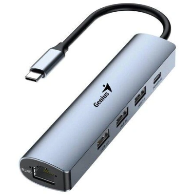 Genius UH-545 USB Hub, externí, USB-C na 3× USB 3.0, 1× USB-C, RJ-45 Gigabit Ethernet, 15cm, šedý, 31240004400