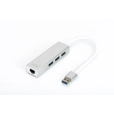 DIGITUS USB 3.0 HUB, 3 porty a Gigabit LAN adaptér 3xUSB A / F, 1xUSB A / M, 1xRJ45 LAN, Win / Mac OS, DA-70250-1
