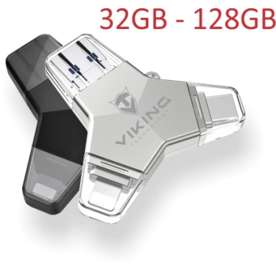 VIKING USB FLASH DISK 3.0 4v1 64GB, S KONCOVKOU APPLE LIGHTNING, USB-C, MICRO USB, USB3.0, černá, VUFII64B
